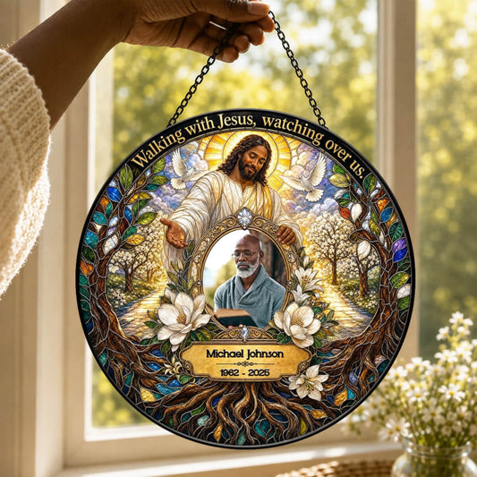 Custom memorial acrylic suncatcher featuring a Jesus design with space for a photo name and dates to honor a loved one.