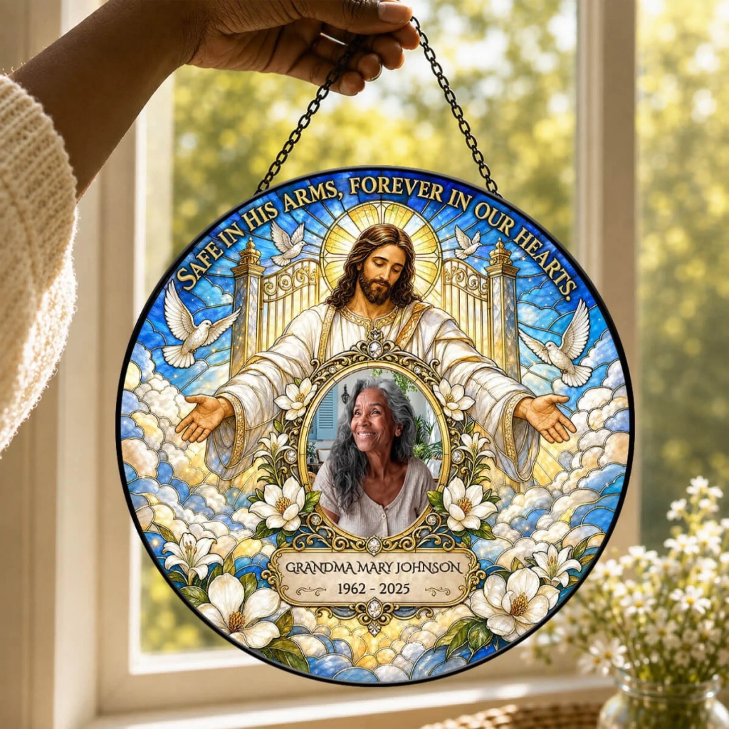 Custom memorial acrylic suncatcher featuring Jesus and a personalized photo of a loved one for sympathy gift