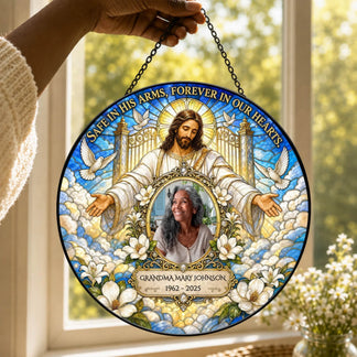 Custom memorial acrylic suncatcher featuring Jesus and a personalized photo of a loved one for sympathy gift