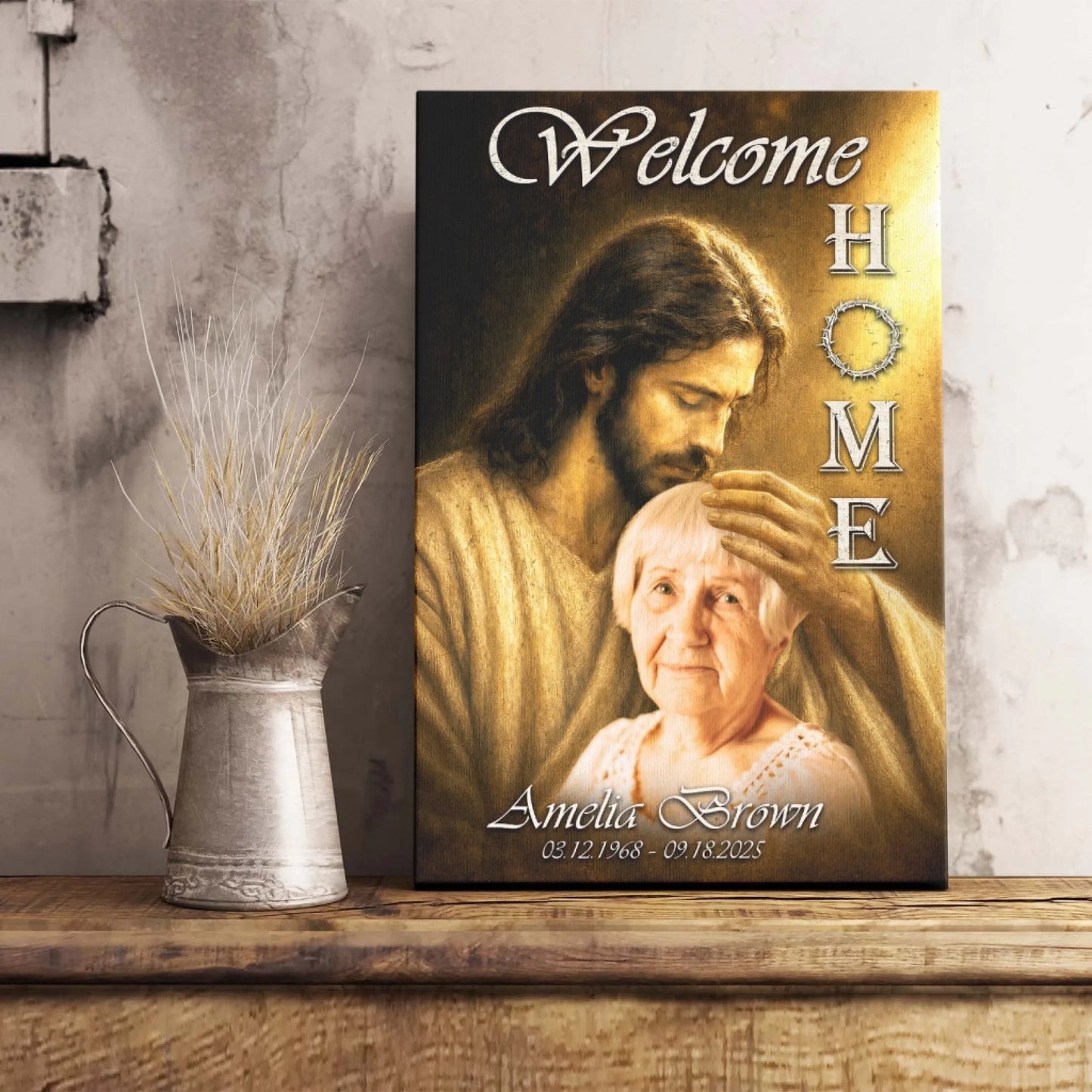 Custom memorial wall canvas art showing Jesus welcoming a woman home, includes personalized name and date details.