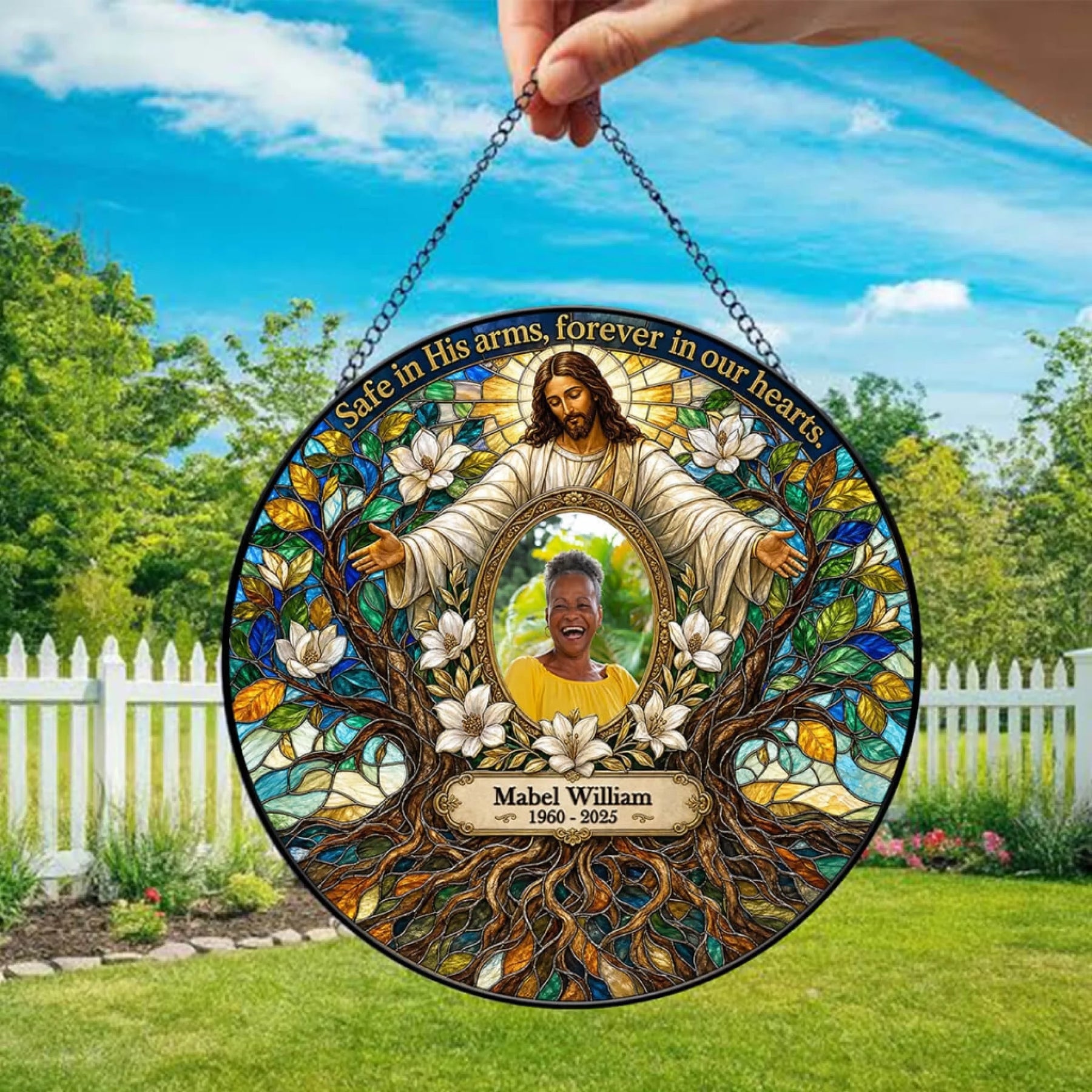 Custom memorial stained glass suncatcher with a photo of Mabel William, featuring a Jesus design for sympathy gifts.