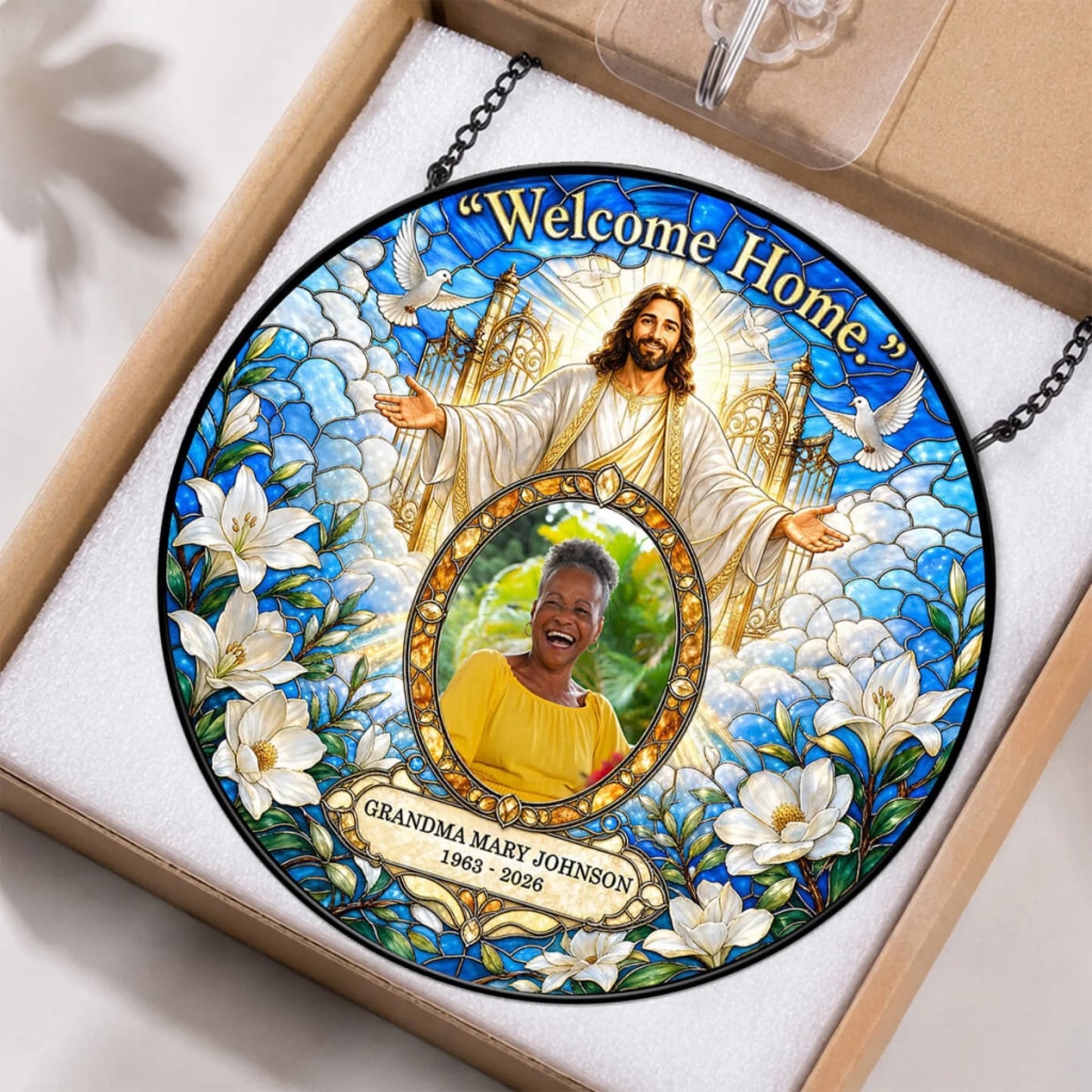 Personalized Jesus memorial suncatcher for sympathy gift, displayed in protective box packaging with hanging chain.