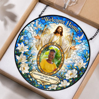 Personalized Jesus memorial suncatcher for sympathy gift, displayed in protective box packaging with hanging chain.