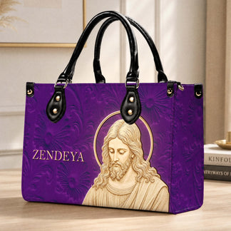 Religious themed purple handbag featuring a Jesus portrait and personalized Zendeya name on the front panel.