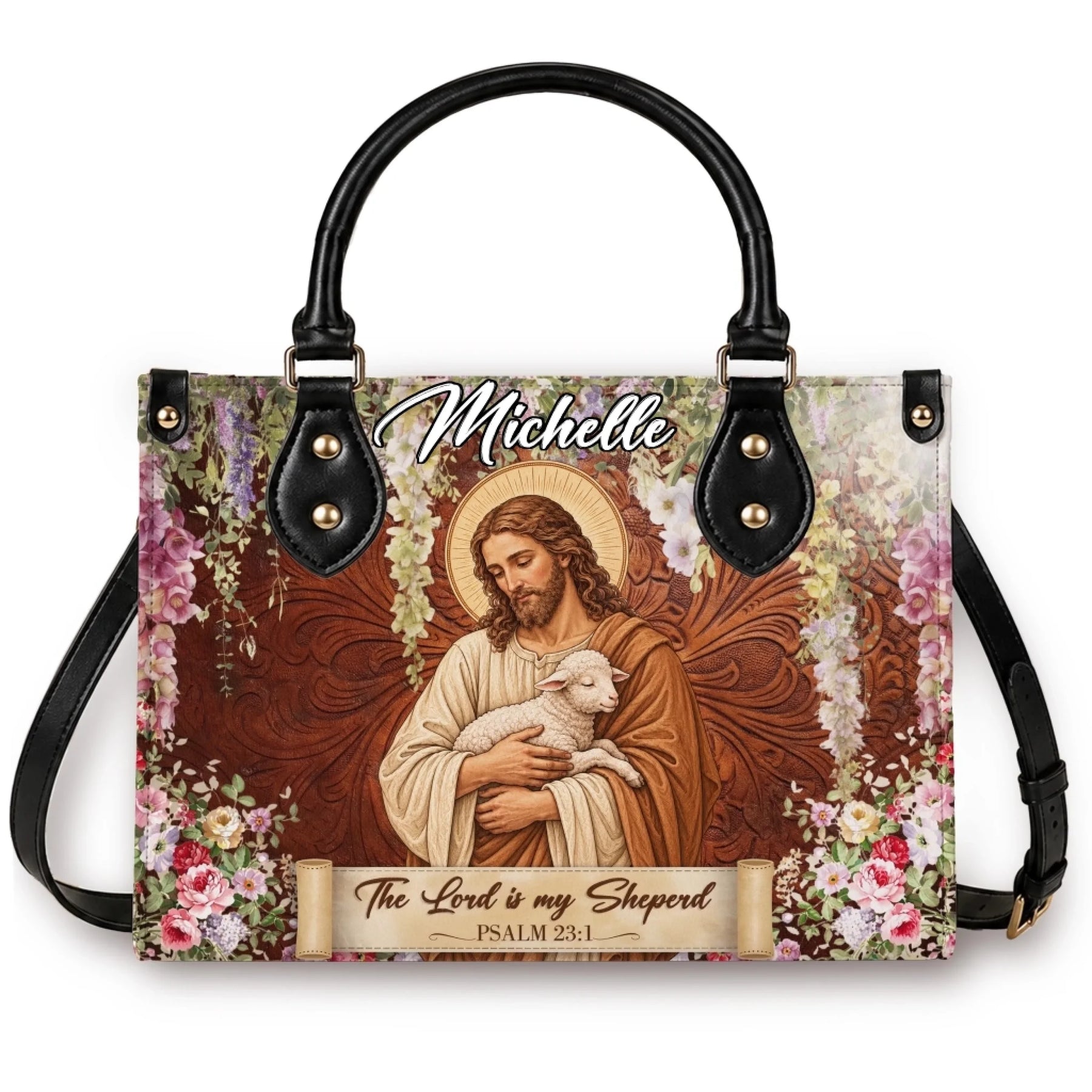 A personalized handbag featuring Jesus with a lamb, floral accents, and the name Michelle, perfect as a religious gift.