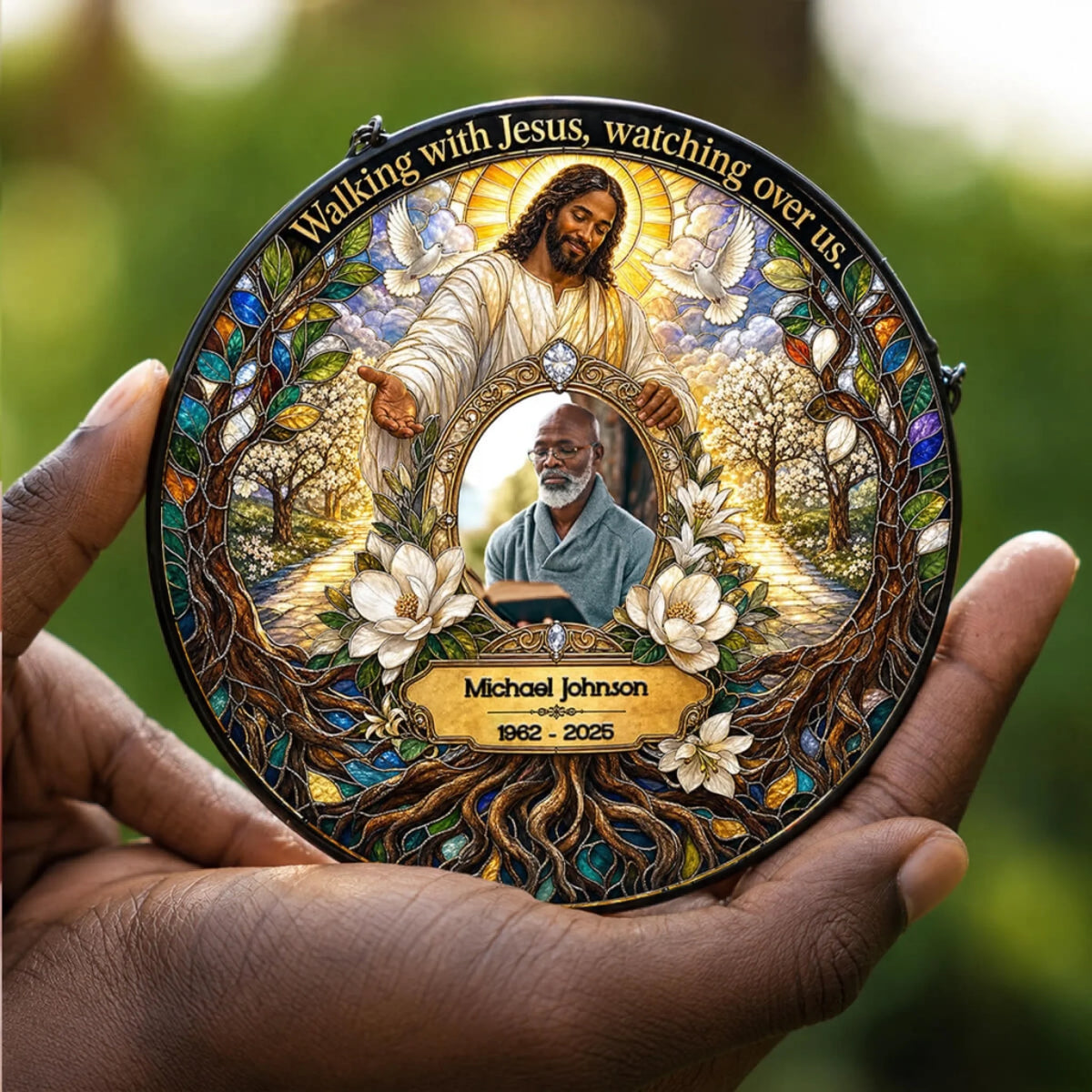 A beautiful memorial suncatcher featuring a custom photo of a man, Jesus, and the text Walking with Jesus watching over us.