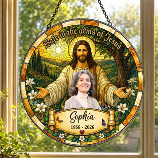 Round stained glass memorial ornament featuring Jesus holding a woman, personalized with name Sophia and years 1956-2026.