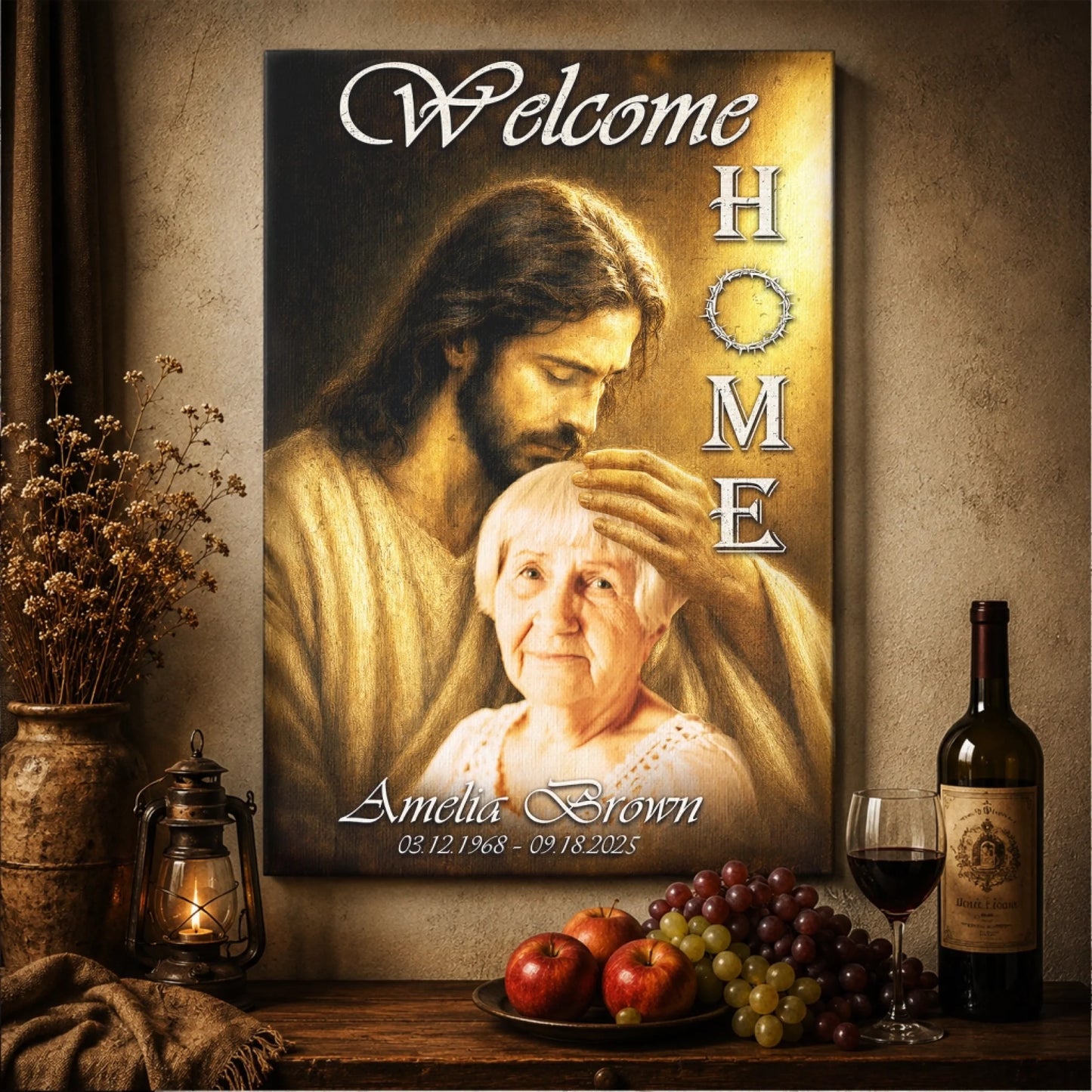 A personalized Jesus and woman memorial canvas, ideal as a sympathy gift with custom name and birth to passing dates.