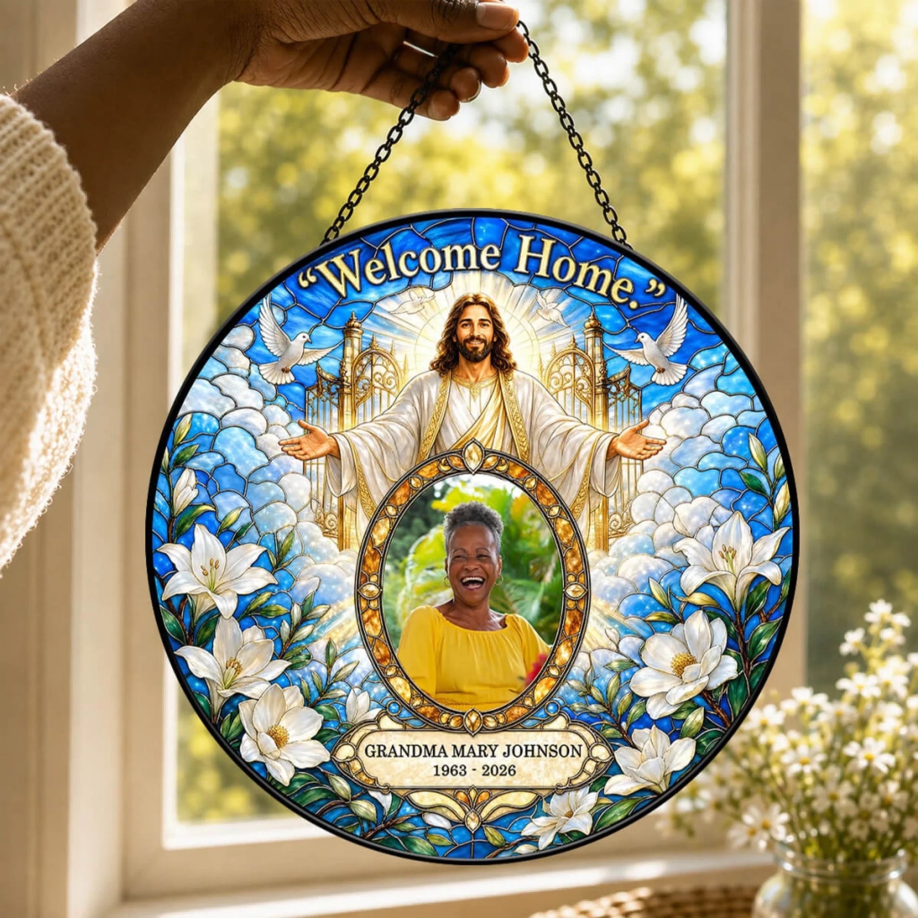 Personalized memorial round acrylic suncatcher featuring a religious Jesus design, custom photo, name, and dates.