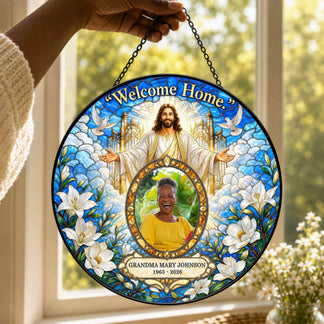 Personalized memorial round acrylic suncatcher featuring a religious Jesus design, custom photo, name, and dates.