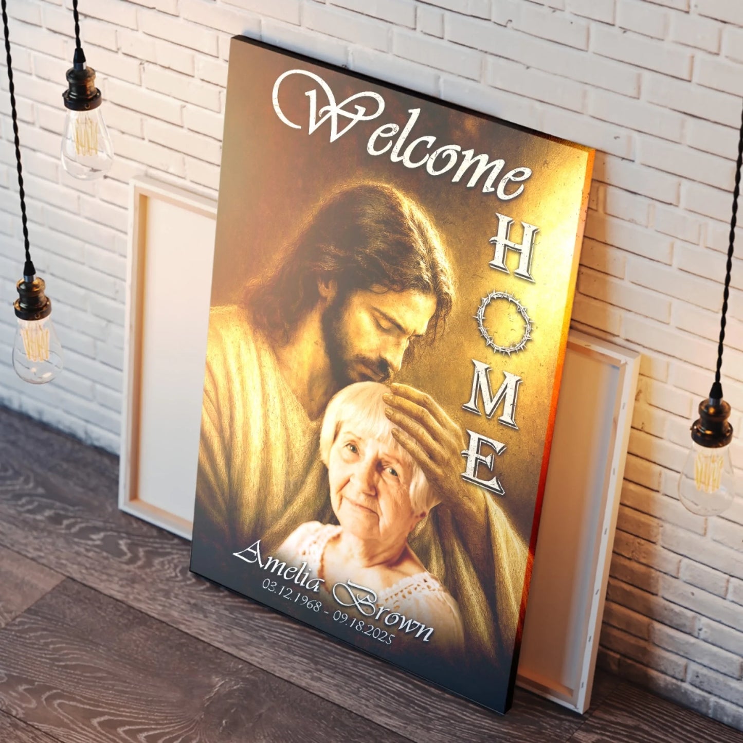 Customized religious memorial canvas wall art with Jesus, personalized with a name and memorial dates for sympathy.