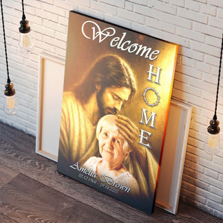 Customized religious memorial canvas wall art with Jesus, personalized with a name and memorial dates for sympathy.
