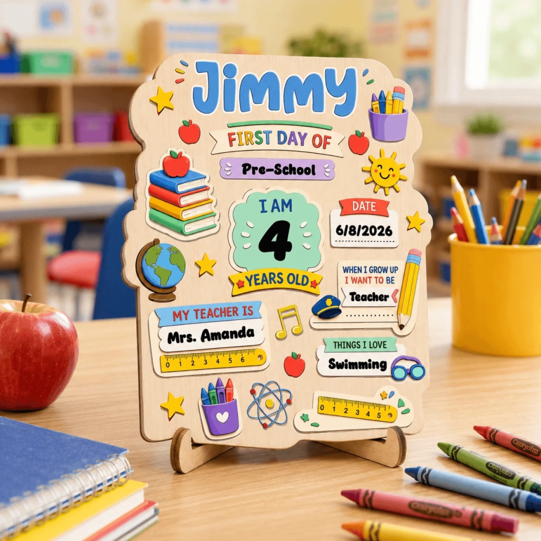 Customized wooden Jimmy back to school sign with preschool details and classroom school supplies theme for gift idea.