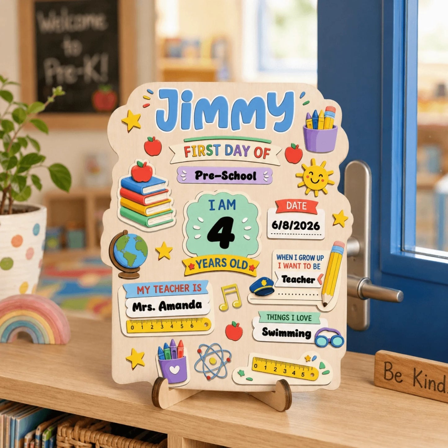 Personalized wooden first day of preschool sign with custom name Jimmy, age, teacher, and school details for back to school.