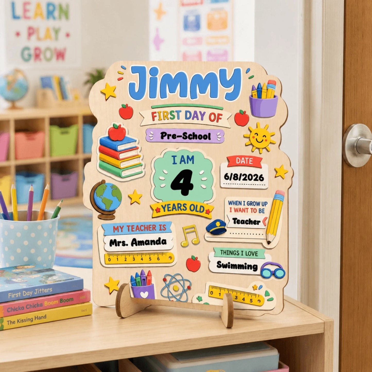 Custom wooden Jimmy first day of preschool plaque featuring school supplies theme for a memorable back to school photo.