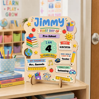 Custom wooden Jimmy first day of preschool plaque featuring school supplies theme for a memorable back to school photo.