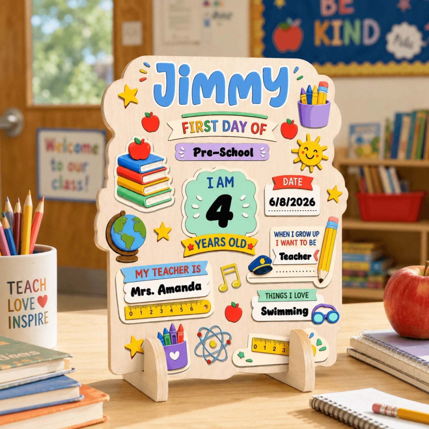 Decorative personalized wooden sign for Jimmy first day of preschool with vibrant school icons for classroom decor.