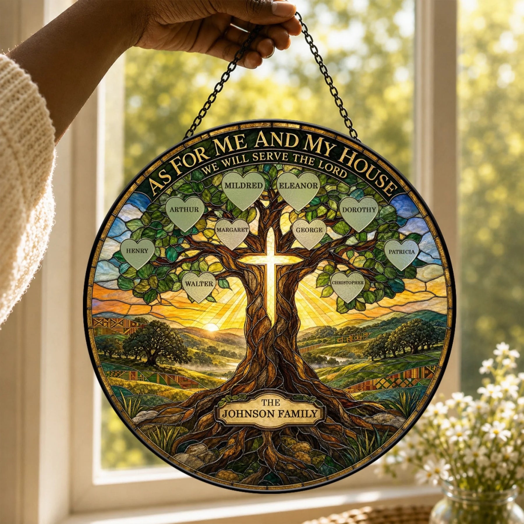 Personalized family tree stained glass suncatcher featuring a cross and the quote As For Me And My House We Will Serve The Lord.