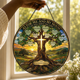 Personalized family tree stained glass suncatcher featuring a cross and the quote As For Me And My House We Will Serve The Lord.