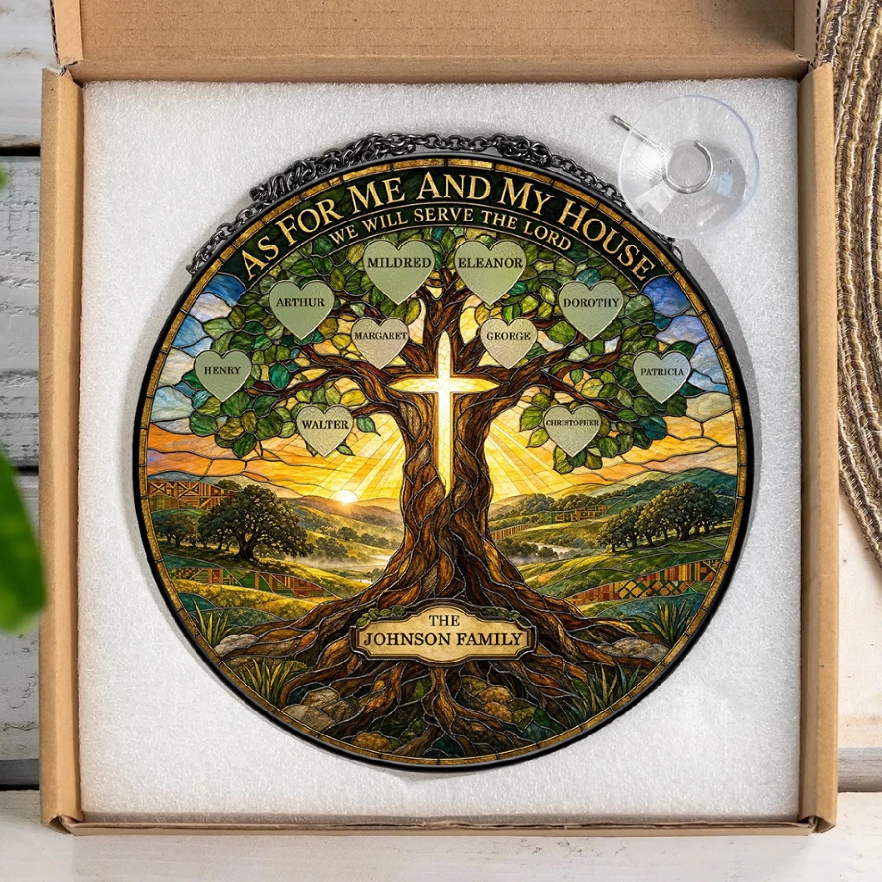 Personalized family tree stained glass suncatcher featuring hearts for names and a cross design for a thoughtful religious gift.