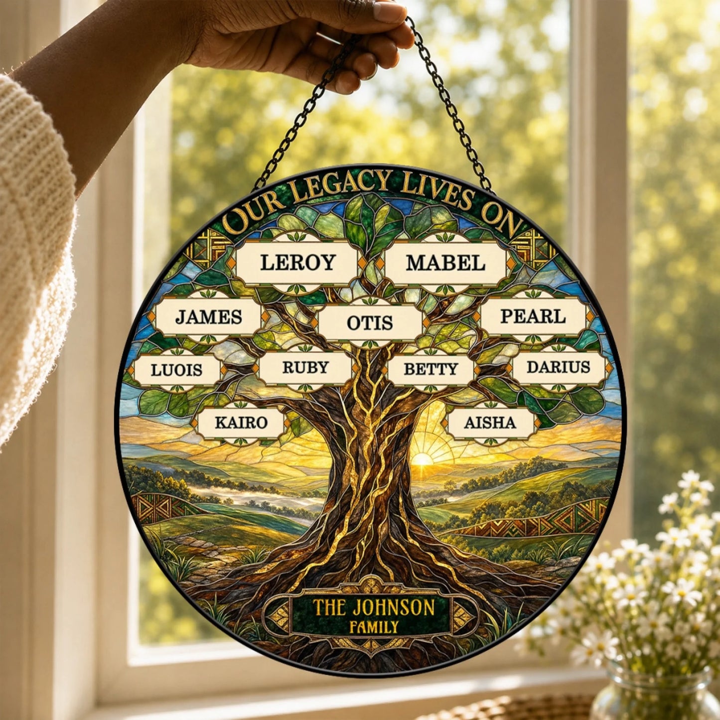 Personalized family tree stained glass suncatcher featuring custom names and the Johnson family legacy for a memorial gift.