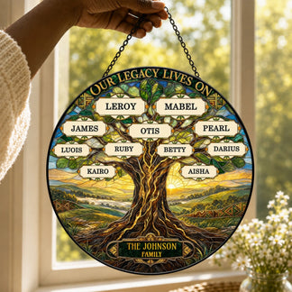 Personalized family tree stained glass suncatcher featuring custom names and the Johnson family legacy for a memorial gift.