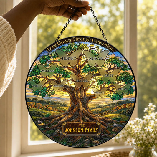 A round stained glass suncatcher featuring a family tree design with custom names on butterfly accents for a unique home decor gift.