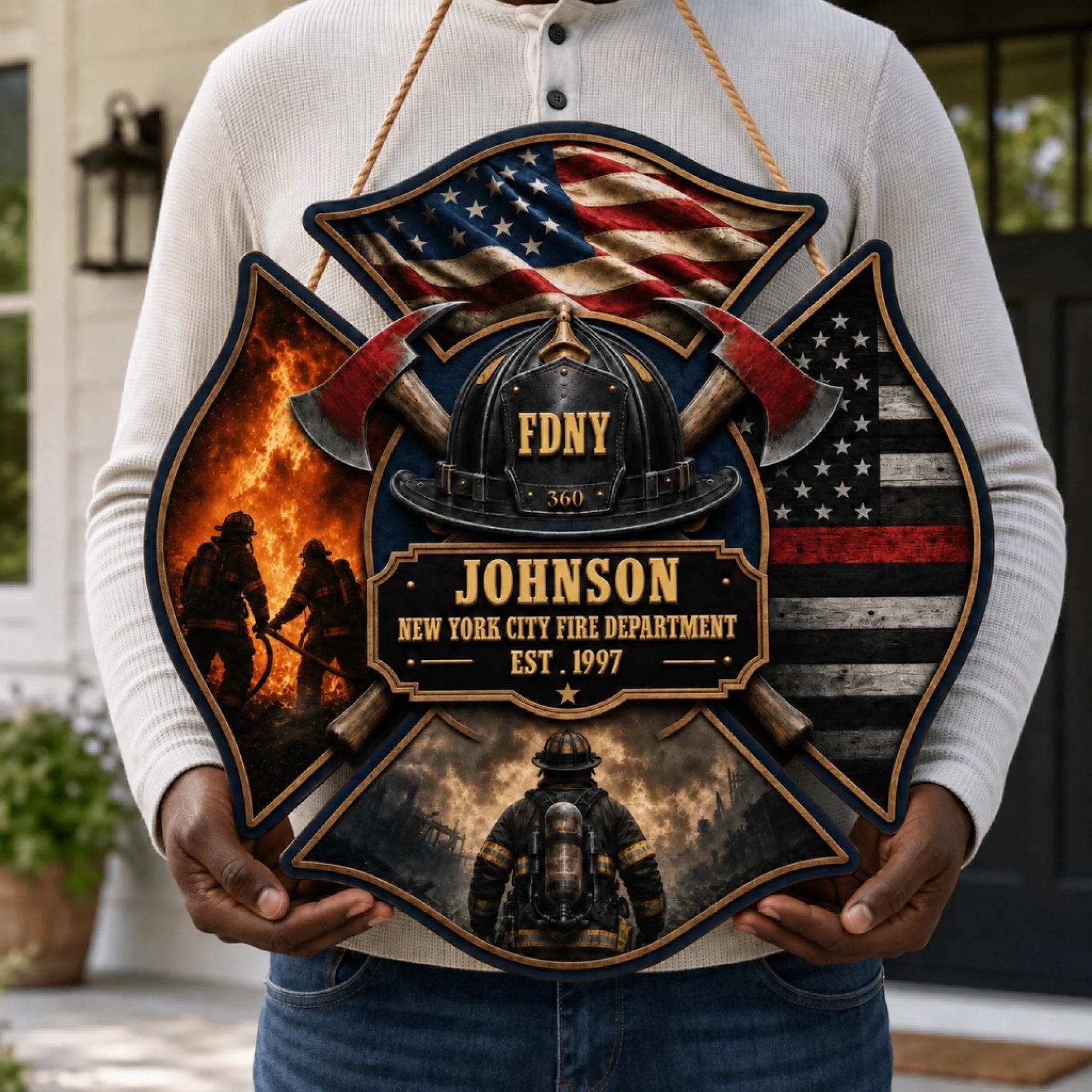 Personalized NYC firefighter wooden wall sign featuring a helmet axes and thin red line flag for a custom retirement gift.