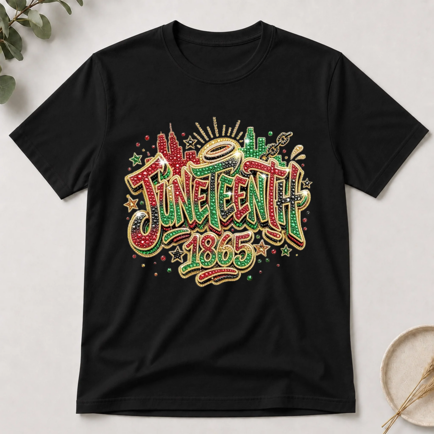Black t-shirt with colorful 'Juneteenth 1865' design on a light gray background