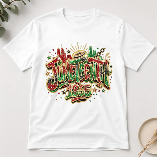 White t-shirt with 'Juneteenth 1865' graphic design on a light background