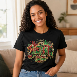 Woman wearing a black t-shirt with colorful text design in a living room.