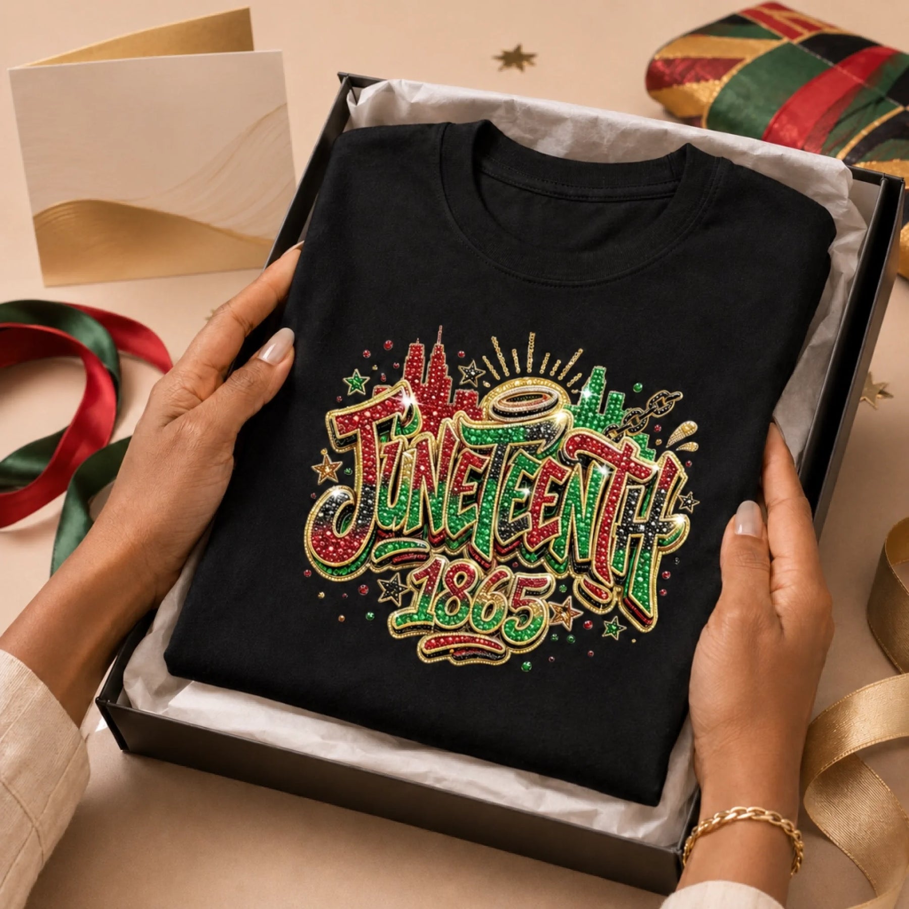 Black t-shirt with 'Juneteenth 1865' design held by hands in a box, surrounded by festive ribbons.