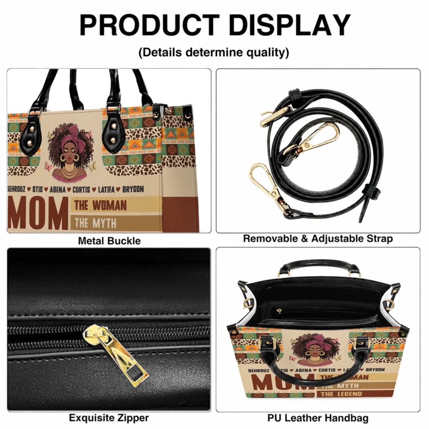 Product feature display of a personalized leather mom tote bag showing durable zippers, adjustable shoulder strap, and metal buckles.