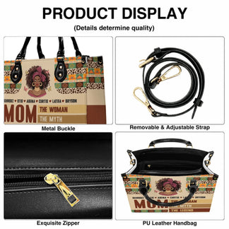 Product feature display of a personalized leather mom tote bag showing durable zippers, adjustable shoulder strap, and metal buckles.