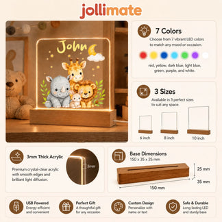 Product features infographic for a personalized LED nursery night light showing size color and material options.