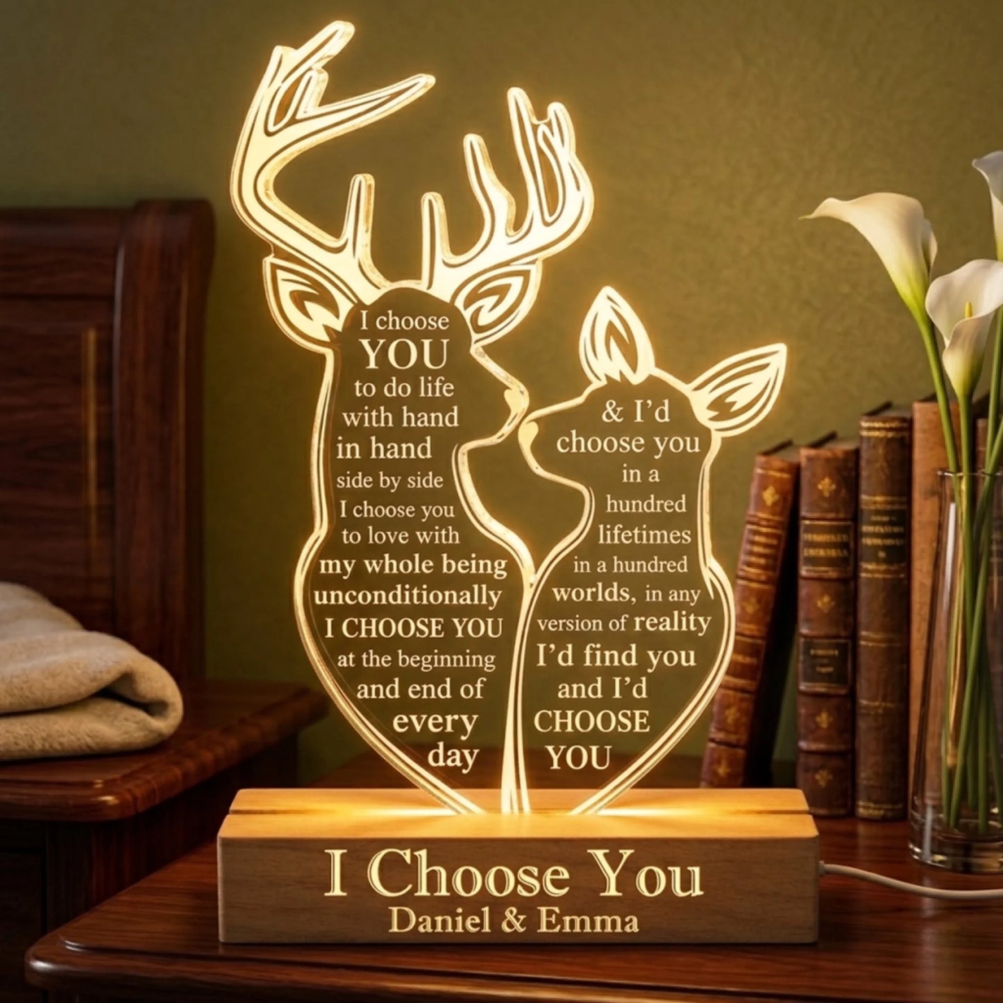 Custom deer-shaped acrylic lamp with a wooden base, engraved with romantic text and couple names for home decor.