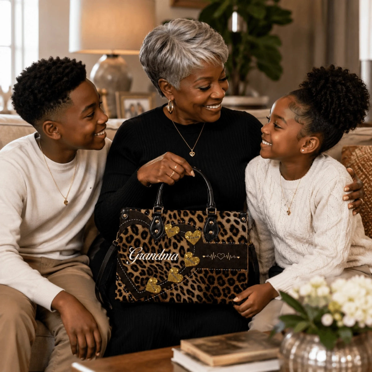 Grandma holding a custom leopard print tote bag with her grandchildrens names inside gold glitter hearts, perfect gift.