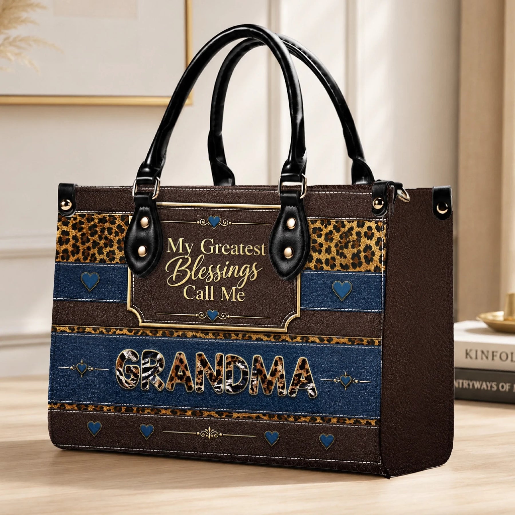 Custom Grandma handbag with leopard print and denim texture displayed on a wooden surface for a stylish family gift.