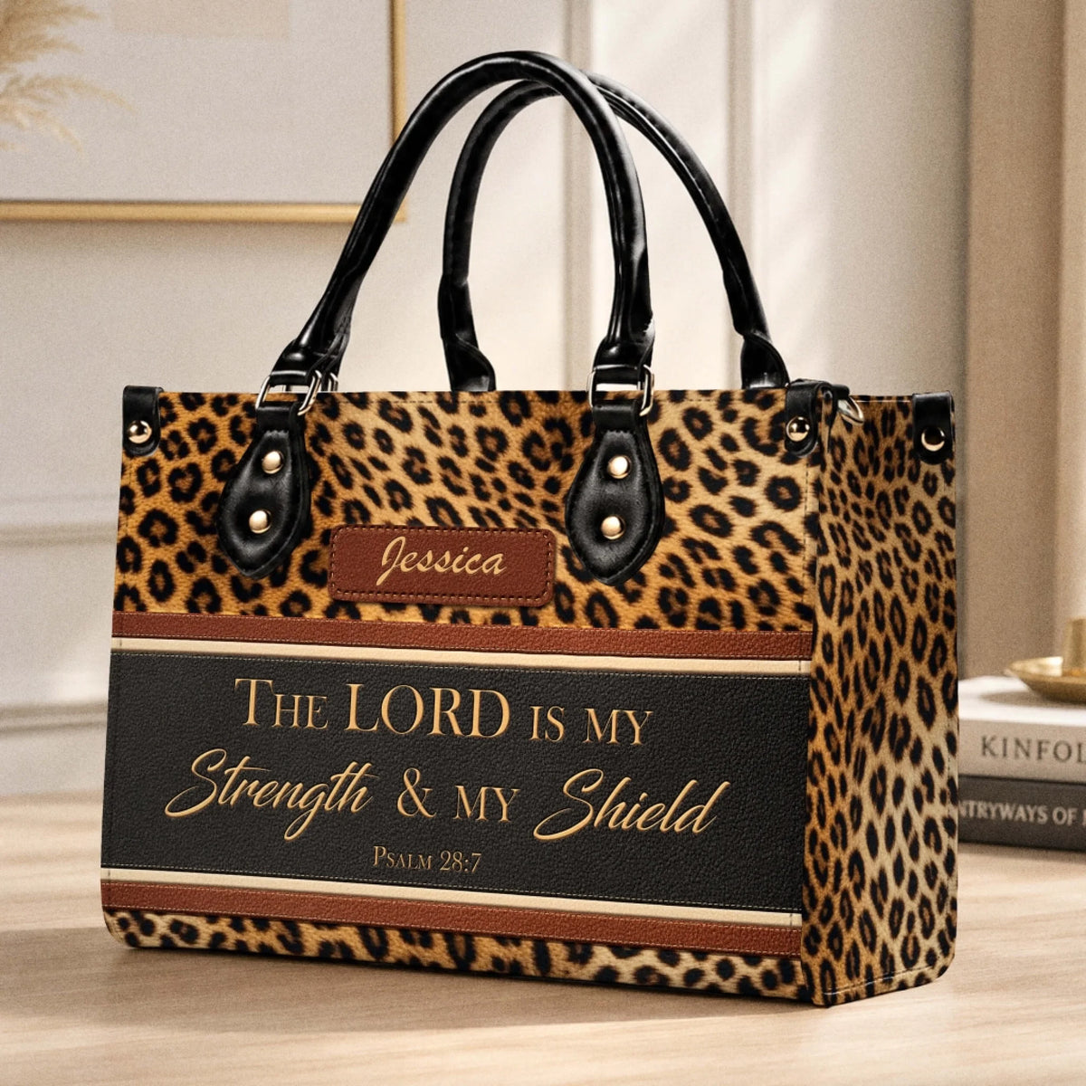 Customized leopard print tote bag displaying Psalm 28 7, featuring a durable handle and elegant religious design.