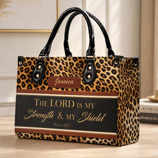 Customized leopard print tote bag displaying Psalm 28 7, featuring a durable handle and elegant religious design.