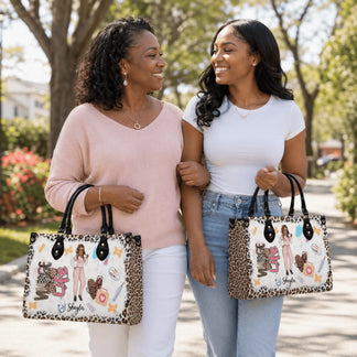 Mother and daughter walking together while carrying matching personalized leopard print nurse theme tote bags.
