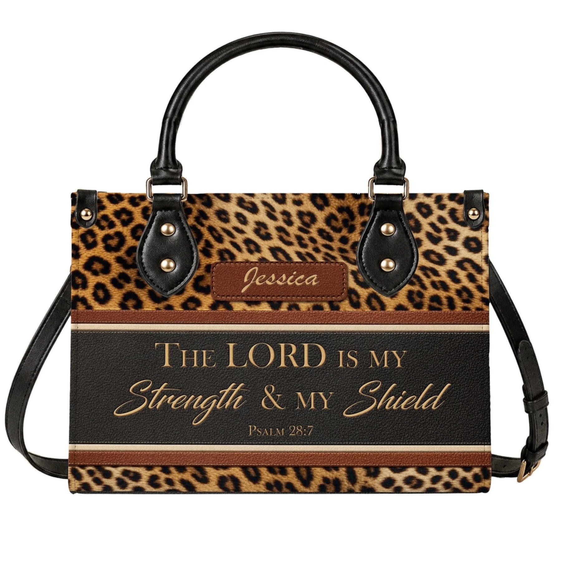 A stylish personalized leopard print handbag featuring the Bible verse The Lord is my strength and my shield for women.