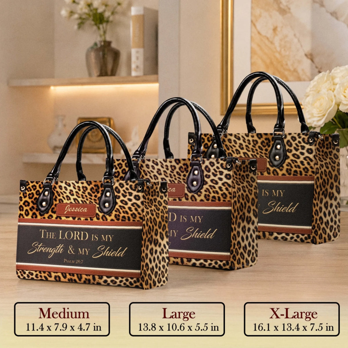 Three sizes of personalized leopard print tote bags ranging from medium to extra large with scripture printing.