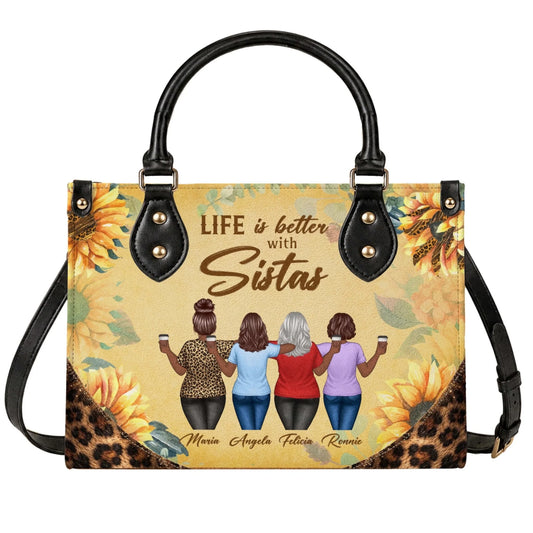 Personalized leather handbag featuring four friends with names Maria, Angela, Felicia, and Ronnie and sunflower design.
