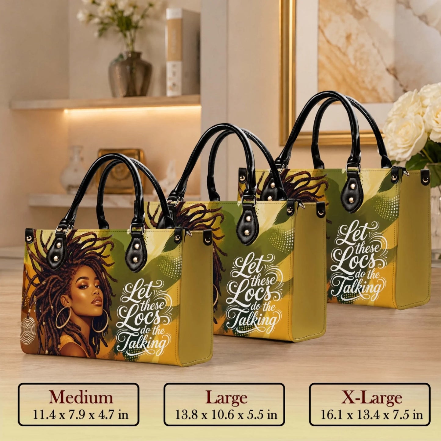 Three sizes of our custom PU leather handbags featuring a black woman with locs art for a stylish and personal accessory.