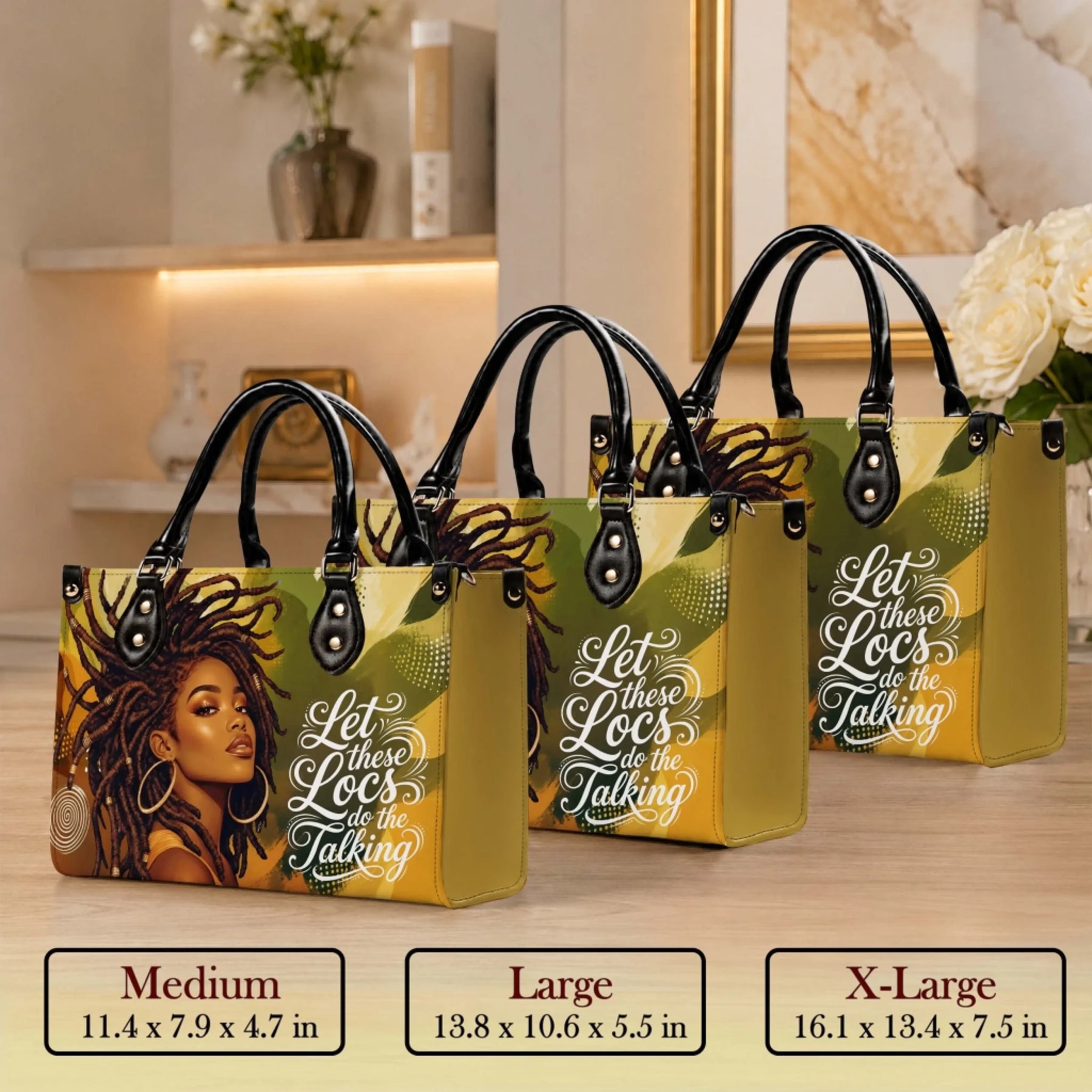 Three sizes of our custom PU leather handbags featuring a black woman with locs art for a stylish and personal accessory.