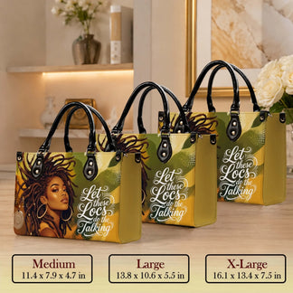 Three sizes of our custom PU leather handbags featuring a black woman with locs art for a stylish and personal accessory.