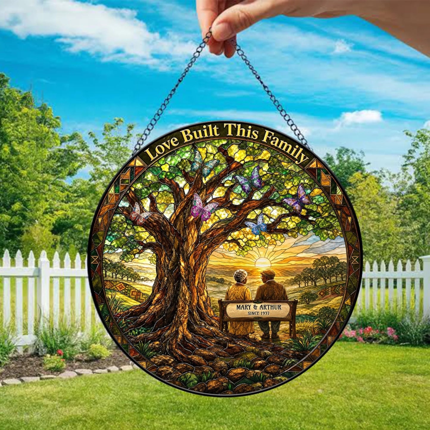Personalized stained glass suncatcher featuring an elderly couple on a bench with the quote Love Built This Family.
