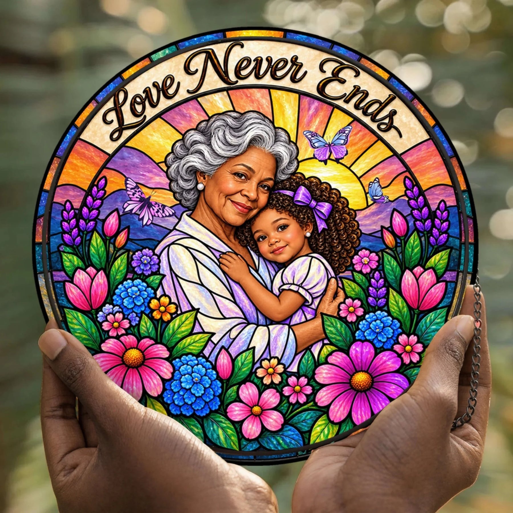 Love Never Ends acrylic suncatcher gift for grandma, beautifully illustrated with a young granddaughter and flowers.