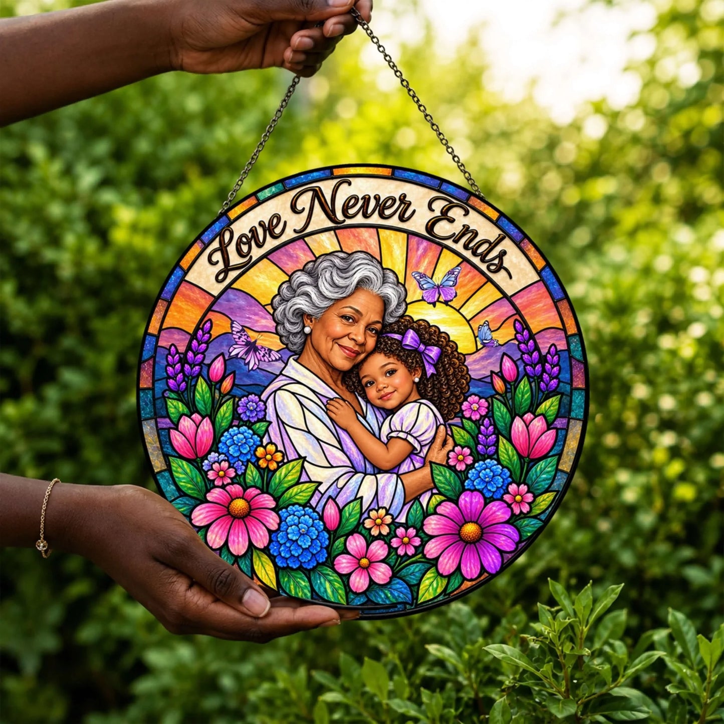 Decorative Love Never Ends acrylic suncatcher showing a heartwarming grandmother and granddaughter illustration.